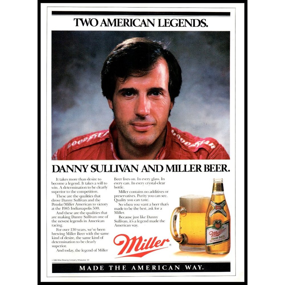 1986 Miller High Life Beer Vintage Print Ad Danny Sullivan Wall Art Photo